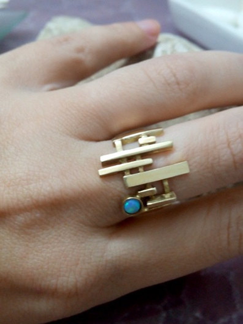 Bars ring, gold bars ring, geometric ring, stick ring, opal ring, gemstone ring, birthstone ring ,blue opal jewelry image 3