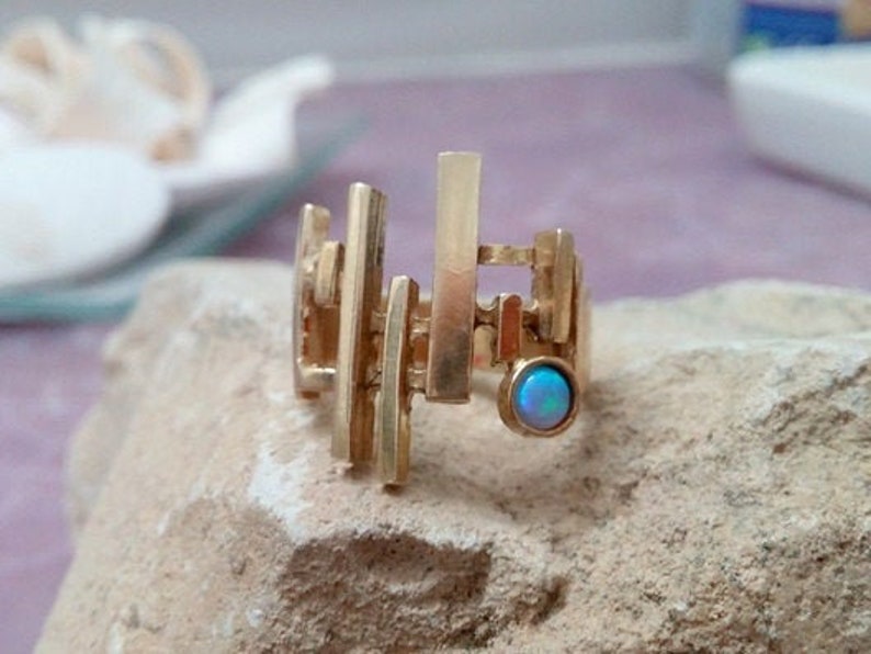 Bars ring, gold bars ring, geometric ring, stick ring, opal ring, gemstone ring, birthstone ring ,blue opal jewelry image 1