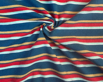 Striped Cotton Jersey Knit Fabric, Blue Red Yellow Stripe, 40% Cotton 60 Polyester 154 GSM, Soft Drapey Apparel, Sold by the Yard
