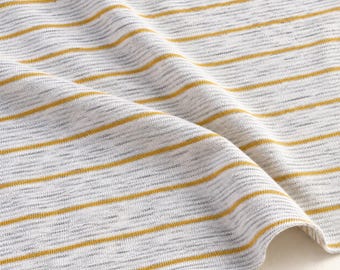 Striped Cotton Jersey Knit Apparel Fabric, Beige Yellow, 33% Polyester 33 Rayon 33 Cotton 131 GSM, Soft Drapey, Sold by the Yard