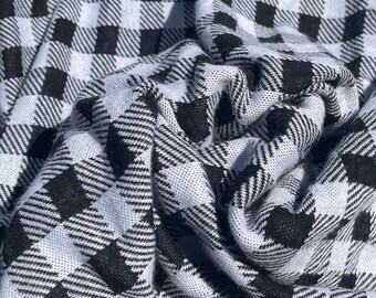 58" French Terry 100% Cotton 10 OZ Black White Flannel Gingham Checkered Knit Fabric By the Yard