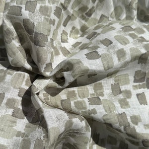 100% Linen White Olive Green Geometric Designed 5 OZ USA Made Woven Fabric By the Yard image 1