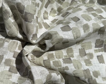 100% Linen White Olive Green Geometric Designed 5 OZ USA Made Woven Fabric By the Yard