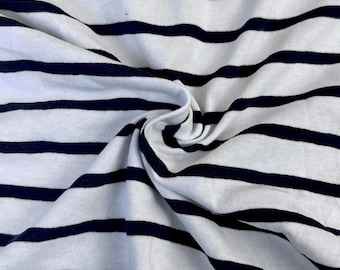 Navy White Stripe Cotton Jersey Knit Fabric, 100% Cotton 144 GSM, Soft Drapey Apparel, Sold by the Yard