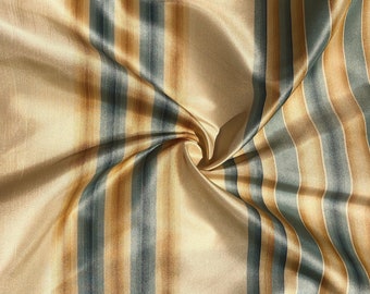 56" 100% Silk Gold Yellow Blue Striped 5 OZ Woven Fabric By the Half Yard