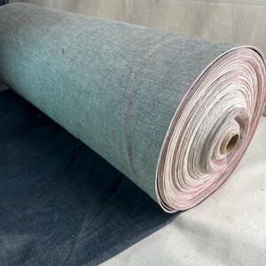 Puede incluir: Un rollo de tela vaquera enrollada, que muestra un degradado de colores de azul oscuro a gris. Los bordes del rollo revelan capas de tela blanca y rosa. La tela se utiliza probablemente para ropa o decoración del hogar.