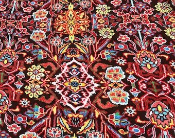 60" Rayon & Spandex  Stretch Persian Rug Design Multicolor Red Floral Flower Print Apparel Jersey Knit Fabric By the Yard