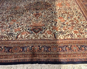 Fine Quality Handmade Handwoven Wool Ivory ShadeIndian Oriental Rug with Persian Design & Bidjar Floral Pattern Wool 11' X 9'