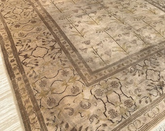 Fine Quality Handmade Handwoven Wool Pile Beige Shade Egyptian Rug with Agra Design & Floral Pattern 12' X 9'