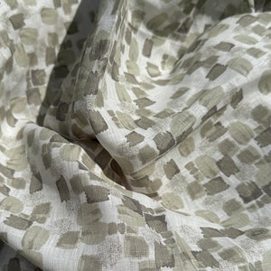 100% Linen White Olive Green Geometric Designed 5 OZ USA Made Woven Fabric By the Yard image 3