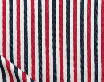 Striped Cotton Denim Fabric, Red and White and Blue Stripe, 279 GSM Mid Weight Denim, Premium Apparel Fabric, Sold by the Yard