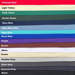 Puede incluir: Una carta de colores que muestra muestras de tela en varios tonos. La muestra superior es Rojo Bomberos, seguida de Amarillo Claro, Verde Kelly, Verde Cazador, Azul Marino y Azul Bebé Claro. Colores adicionales incluyen Azul Aguamarina, Azul Real, Morado, Marrón, Blanco, Crema, Gris Brezo, Gris Pizarra, Gris Carbón y Negro.