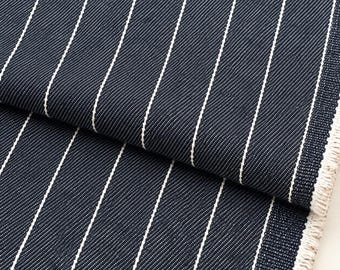 Striped Cotton Denim Fabric, Black White, 264 GSM Mid Weight, Premium Apparel Textile, Sold by the Yard