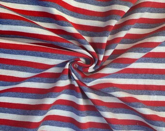 Red Blue Stripe Cotton Jersey Knit Fabric, 85% Cotton 15 Polyester 146 GSM, Soft Apparel, Sold by the Yard