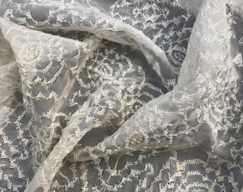 40" 100% Silk Bridal Veil Embroidered Embroidery Sheer & Light White Woven Fabric By the Half-Yard