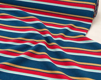 Striped Cotton Jersey Knit Fabric, Blue Red Yellow Stripe, 40% Cotton 60 Polyester 154 GSM, Soft Drapey Apparel, Sold by the Yard