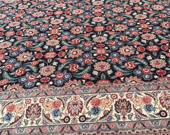 Fine Quality Handmade Handwoven Wool Navy Shade Red Border Rug with Persian Design & Floral Pattern 12' X 8'