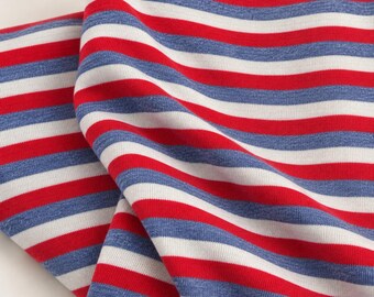 Red Blue Stripe Cotton Jersey Knit Fabric, 85% Cotton 15 Polyester 146 GSM, Soft Apparel, Sold by the Yard