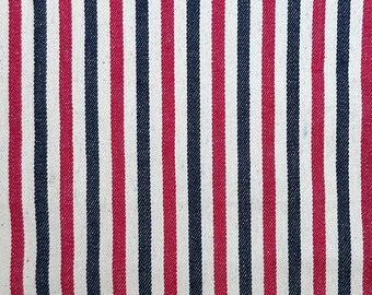 Striped Cotton Denim Fabric, Red and White and Blue Stripe, 279 GSM Mid Weight Denim, Premium Apparel Fabric, Sold by the Yard