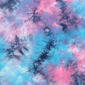 Tejido de punto jersey de bambú y spandex azul, rosa y morado con estampado tie-dye de nubes de 60 pulgadas, ecológico, cortado a medida.