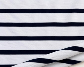 Navy White Stripe Cotton Jersey Knit Fabric, 100% Cotton 144 GSM, Soft Drapey Apparel, Sold by the Yard