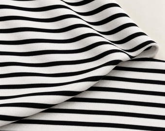 Striped Cotton Jersey Knit Fabric, Black and Cream Stripe, 85% Cotton 10 Spandex 5 Polyester 309 GSM, Soft Drapey Apparel Fabric, Sold by