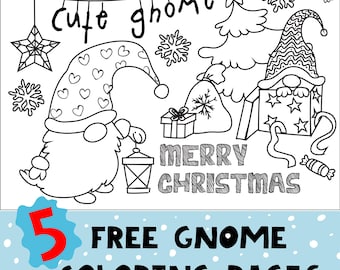 May include: A black and white coloring page featuring a cute gnome holding a lantern with the text "cute gnome" and "Merry Christmas".