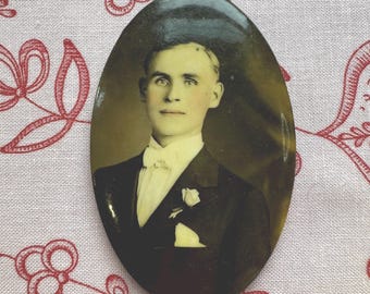 Antique Celluloid Pocket Mirror Groom in Formal Attire 1920s
