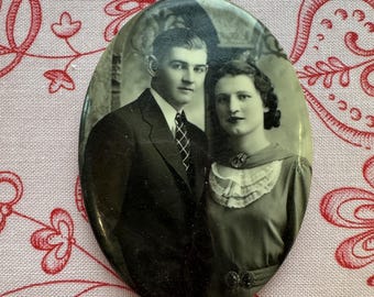 Vintage Celluloid Pocket Mirror Dashing Couple in Anniversary Portrait 1930-1940