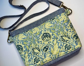 Crossbody Purse Handbag in Quilted William Morris Sage and Blue Fabric