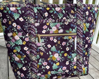 Quilted Tote Bag made with Rifle Paper Co. Dahlia Fabric Purple Floral