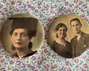 2 Antique Celluloid Pocket Mirrors Woman in Mortar Board and with Husband