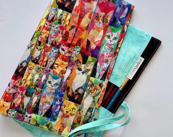 Brush Roll for Artist Travel Storage Cat Collage Print