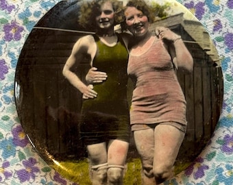 Vintage Celluloid Pocket Mirror Hand-colored Photo Bathing Beauties in Swim Dresses