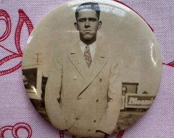 Antique Celluloid Pocket Mirror Handsome Gentleman in Double -breasted Suit 1930s
