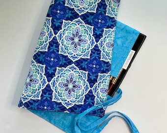 Brush Roll for Artist Travel  Storage Cobalt Blue Moroccan Tile Mandalas
