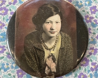 Antique Celluloid Pocket Mirror Hand-tinted Photo Gal Friday 1930s