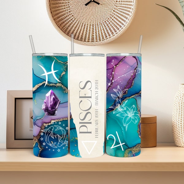 20oz Skinny Tumbler Wrap Sublimation Design, PISCES, Zodiac Sign, Digital Download, PNG file, Sublimation Design, zodiac png, crafter png