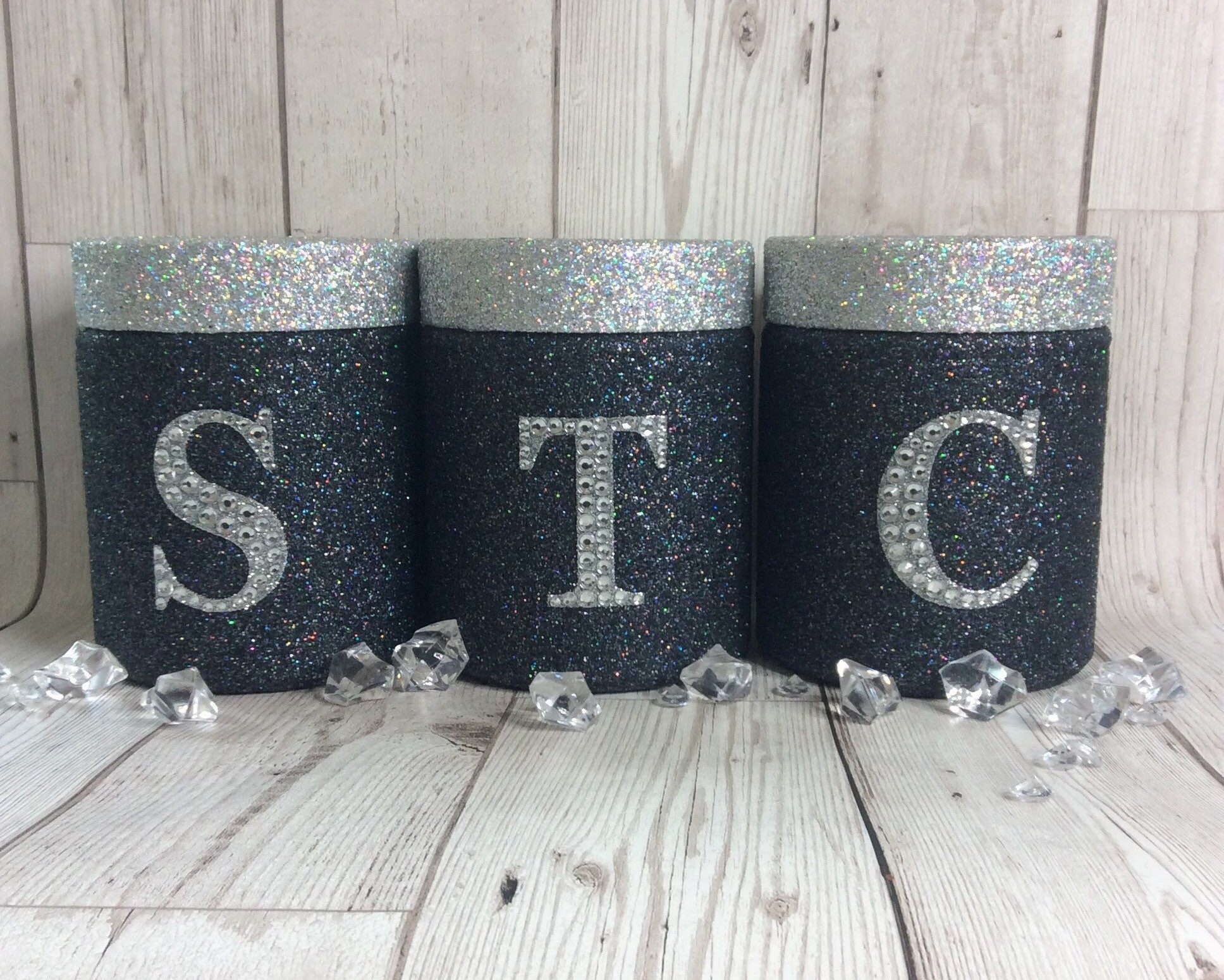 Tea coffee sugar canisters black silver glitter Etsy