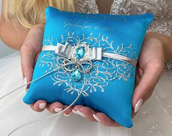 Ring bearer pillow Turquoise Blue and silver wedding, Personalized pillow, Wedding pillow Blue and silver wedding, Ring pillow Blue wedding