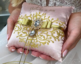 Poduszka dla podwiązki obrączki Różowo-różowa i złota ślub, Poduszka personalizowana, Poduszka ślubna Różowo-różowa ślub, Poduszka dla podwiązki obrączki Różowo-różowa ślub, Prezent