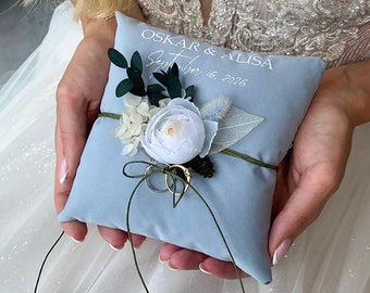 Ring bearer pillow Dusty blue wedding, Personalized, Wedding pillow Dusty blue with greenery wedding, Ring bearer Garden wedding,Couple gift