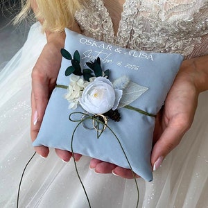 Ring bearer pillow Dusty blue wedding, Personalized, Wedding pillow Dusty blue with greenery wedding, Ring bearer Garden wedding,Couple gift