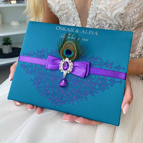 Wedding guest book Teal and purple wedding, Personalized, Guest book Peacock wedding, Peacock wedding book, Wedding gift Teal Purple wedding