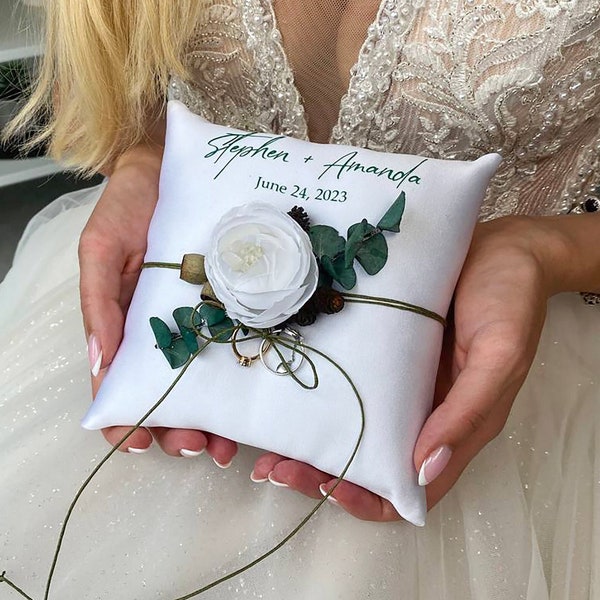 Ring bearer pillow White wedding, Personalized, Wedding pillow Greenery wedding, Ring pillow White wedding,Ring bearer White wedding, Pillow