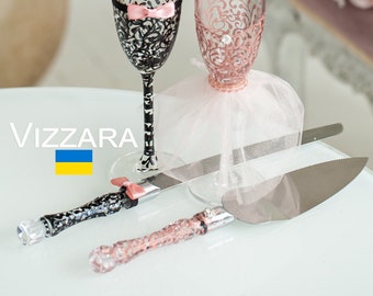 Cake servers Bride And Groom weddings Cake cutting set Black and Pink weddings Personalized Cake server set Bride And Groom weddings