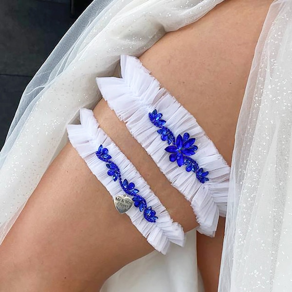 Hochzeits-Strumpfband, 2er-Set, weiße und königsblaue Hochzeit, Braut-Strumpfband, personalisiertes Strumpfband, königsblaue Hochzeit