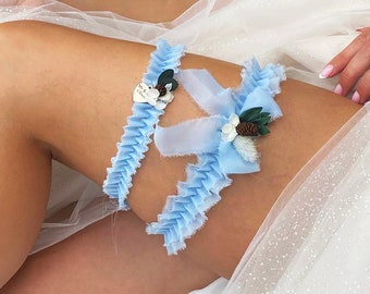 Juego de 2 ligas de boda Boda azul polvorienta, Personalizada, Liga nupcial Boda azul polvorienta, Regalo de novia, Liga para boda Boda azul