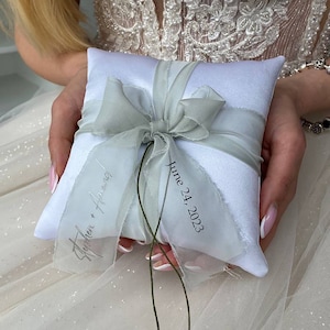 Ring bearer pillow White and Sage green wedding, Personalized, Wedding pillow White wedding, Ring bearer Sage green wedding, Gift for couple image 1