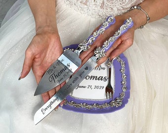 Cake server set Lavender wedding, Cake cutting set Lavender wedding, Personalized, Wedding server set Lavender wedding, Anniversary present